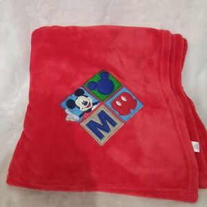 Disney Mickey Mouse Red Plush Fleece Blanket Embroidered Patch Throw 63x50
